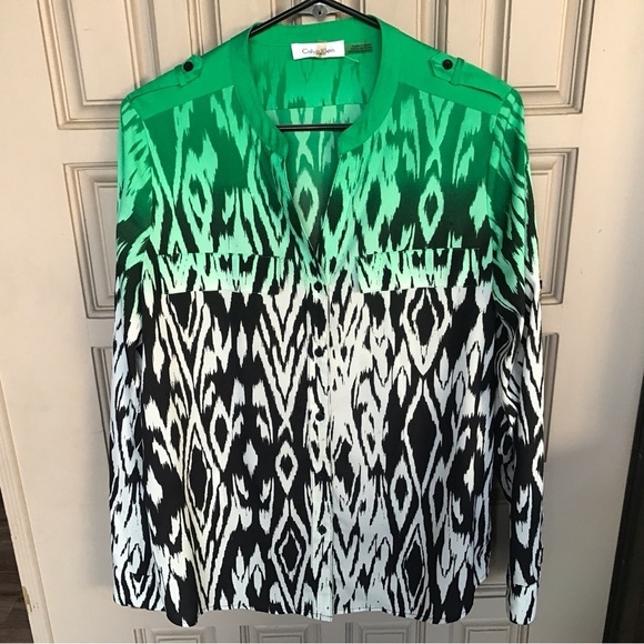 Calvin Klein Blouse SzM Graphic Gradient Print No Collar Button Down Long Sleeve - Picture 1 of 7